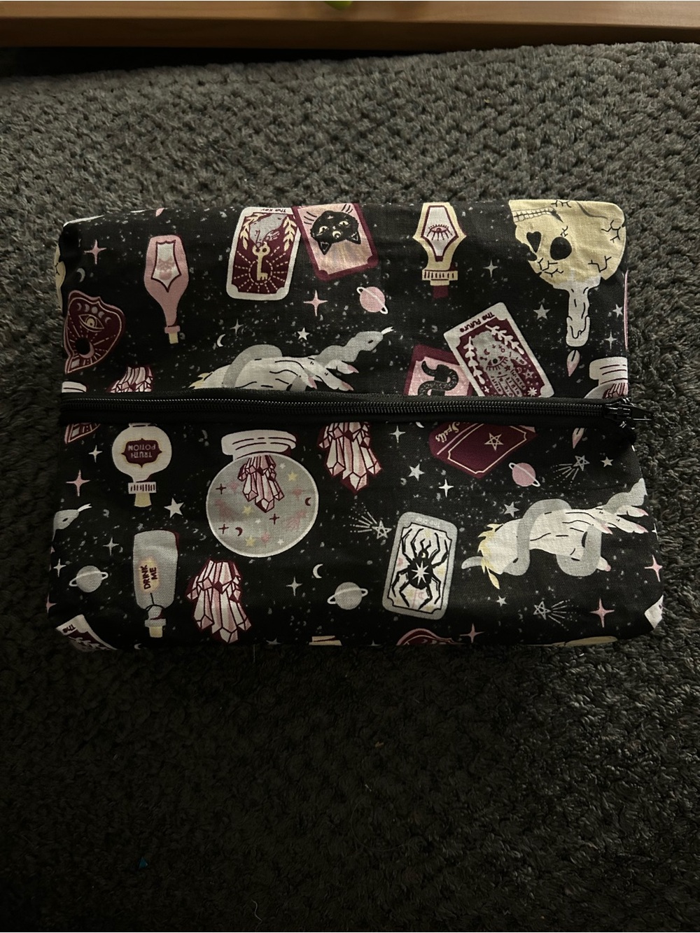 Hand Crafted Black Witchy Tarot Cosmetic Pouch with Pink Accents